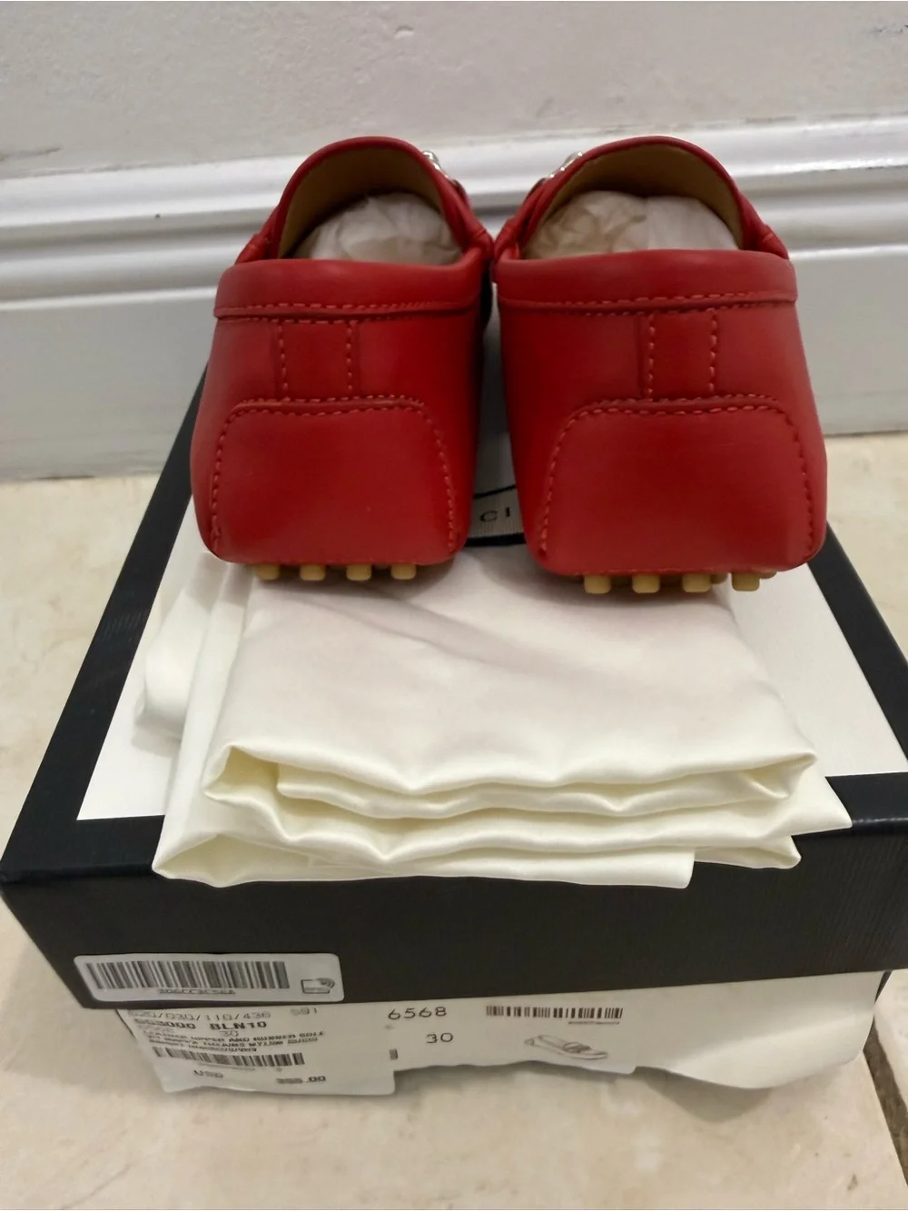 Gucci Kids Red Leather Driving Loafers with Silver Horsebit Size 30/12.5 NWT NIB